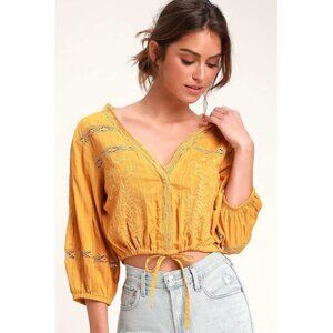 Free People Shirt Womens Follow Your Heart Golden Yellow Embroidered Crop Top‎